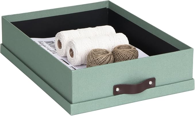 Bigso Oskar Canvas Fiberboard Document Letter Box for Important Paperwork A4 or Letter Size - Durable Keepsake Box with Lid and Leather Handle - 3.3in x 10.2in x 13.8in - Soft Teal - Image 4