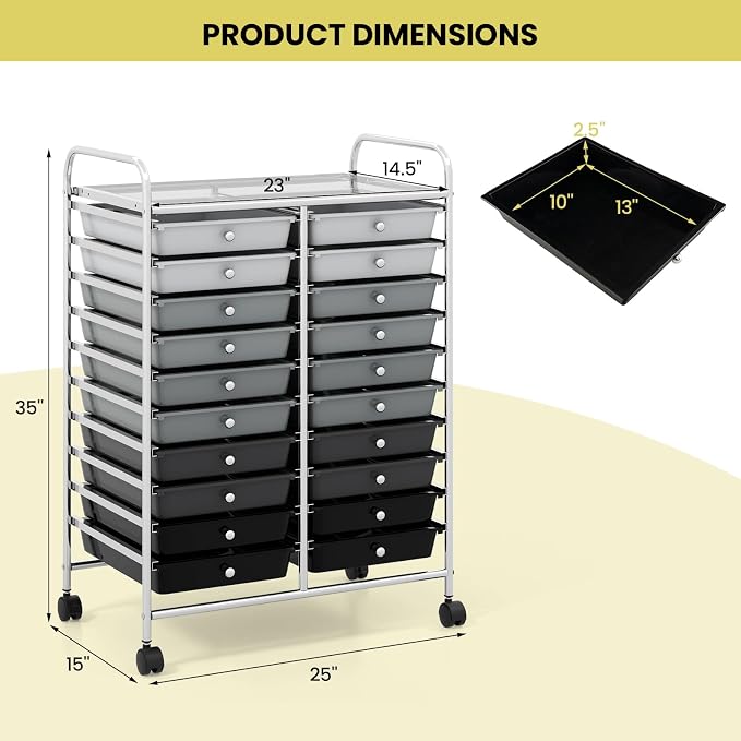 Giantex 20 Drawers Rolling Cart, Mobile Storage Drawer Cart, Classroom Organizer Cart for Office School Supplies Teacher Tools Paper Craft Small Printer, Utility Cart on Wheels, Gradient Grey - Image 3