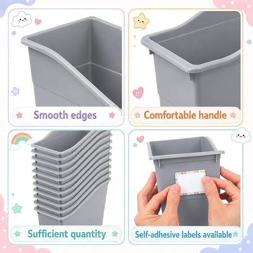 12 Pack Large Book Bins, Durable Magazine Organizer File Holder Quality Plastic Book Storage Bins with Labels for Classroom Library, Office, Desktop Organization, Bookshelf Categorization (Grey) - Image 3