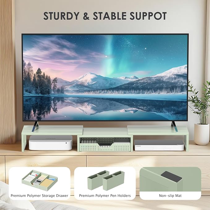 Desk Organizers and Accessories, Dual Monitor Stand Riser with Drawer and 2 Pen Holders, Desk Shelf Computer Monitor Stand for Office Workspace Organizers, Desktop Organization (Sage Green) - Image 8