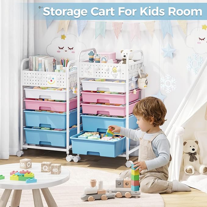 4 Drawer Rolling Storage Cart with Pegboard Top and Hooks, Pink&Blue | Mobile Organizer Cart with Wheels for Office Supplies, Craft Storage, Classroom Organization, Home Utility Cart - Image 8
