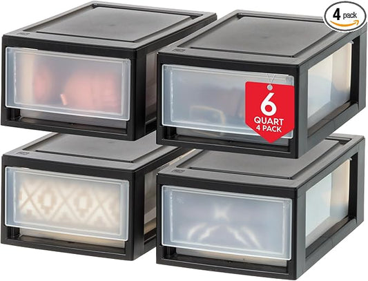 IRIS USA 4-Pack, 6 Qt. Small Stacking Drawer Storage Organizer, Black | Keep craft supplies, accessories, office items, and small essentials organized around your home for easy everyday storage by IRISUSA