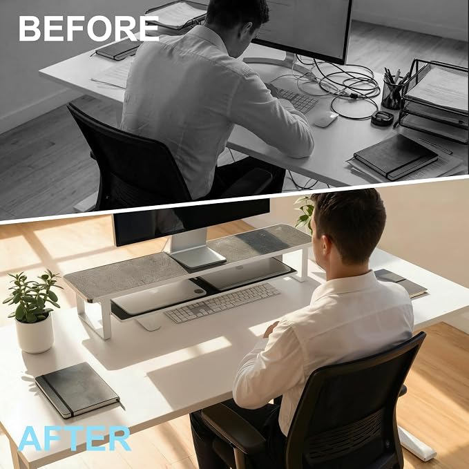 Dual Monitor Stand Riser, 31.5 Inch Extra Wide Thick Heavy Duty Carbon Steel 2 Tier Desktop Organizer with Pull Out Layered Shelf,for Home Office Gaming Curved Monitors - Image 6