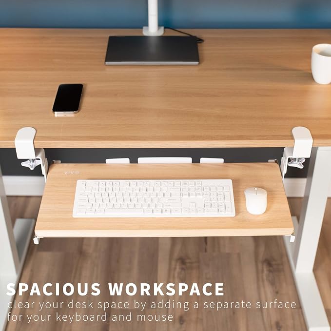 VIVO Large Height Adjustable Under Desk Keyboard Tray, C-clamp Mount System, 27 (33 Including Clamps) x 11 inch Slide-Out Platform for Typing, Light Wood, MOUNT-KB05HA - Image 2