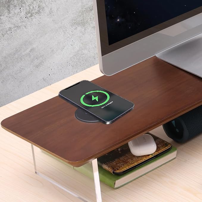 SUIBIAN Elegant Wood & Acrylic Monitor Stand with 15W Wireless Charging – 31.5" Large Desk Riser for Ergonomic View, Desktop Organizer, Laptop & PC | Modern Floating Design(Walnut Wood) - Image 2