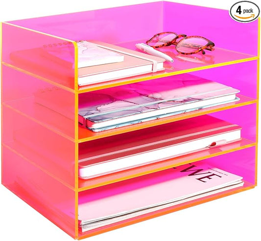 Gelite Acrylic File Organizer for Desk 4 Tiered Stackable Letter Tray Office Paper Storage Desktop Document Sorter, Neon Pink by Gelite
