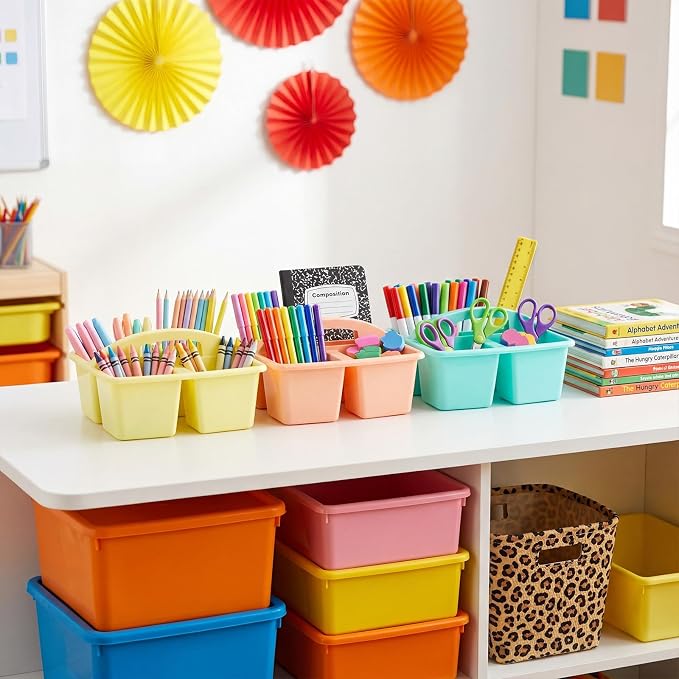 Kathfly 12 Pack Classroom Caddy Organizer with Handle, Plastic Art Craft Cleaning Caddy Bulk, Small Multipurpose Supply Organization Storage Basket for Table Desk Office Pencil Teacher (Mixed Color 1) - Image 2