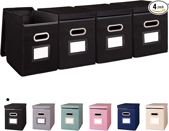 4 Pack Hanging File Folders Organizer with Lid, Letter Size Fabric File Storage Box Collapsible, Portable Office Document Holder with Metal Handle, Smooth PVC Rails, Black by ComfortKeeper