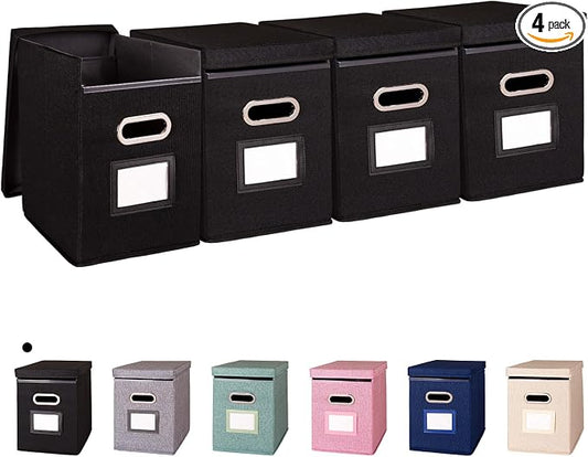 4 Pack Hanging File Folders Organizer with Lid, Letter Size Fabric File Storage Box Collapsible, Portable Office Document Holder with Metal Handle, Smooth PVC Rails, Black by ComfortKeeper