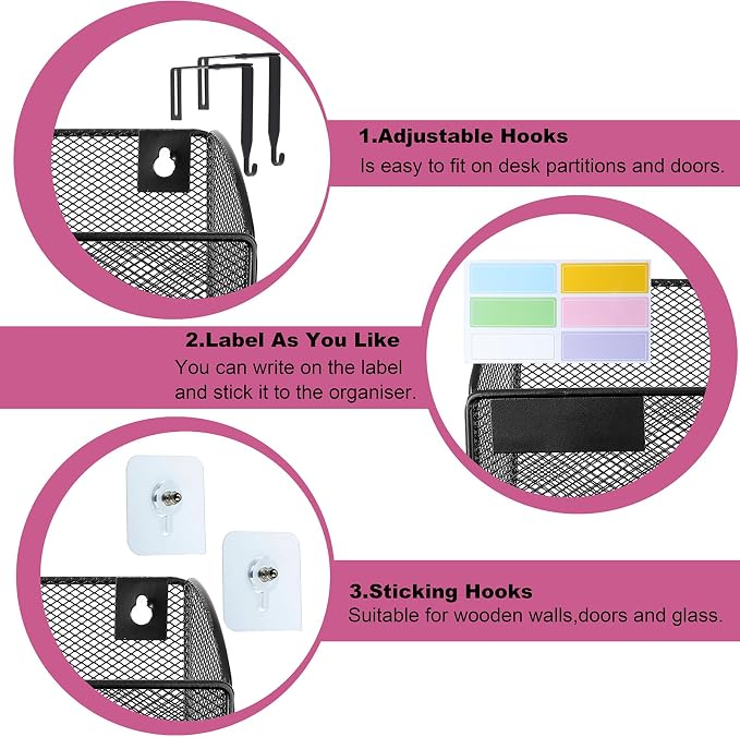 1 Pocket Mesh Wall File Holder Organizer Office Hanging File Folder Magazine Rack, Nametag Label Hooks Set Included (Black) - Image 5