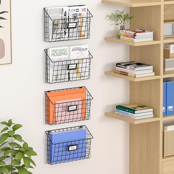 X-cosrack 4-Tier Hanging Wall File Holder Vertical Wall Mount Metal Wall File Organizer with Tag Slot Document Magazine Rack Mail Organizer for Office Home, Black - Image 2