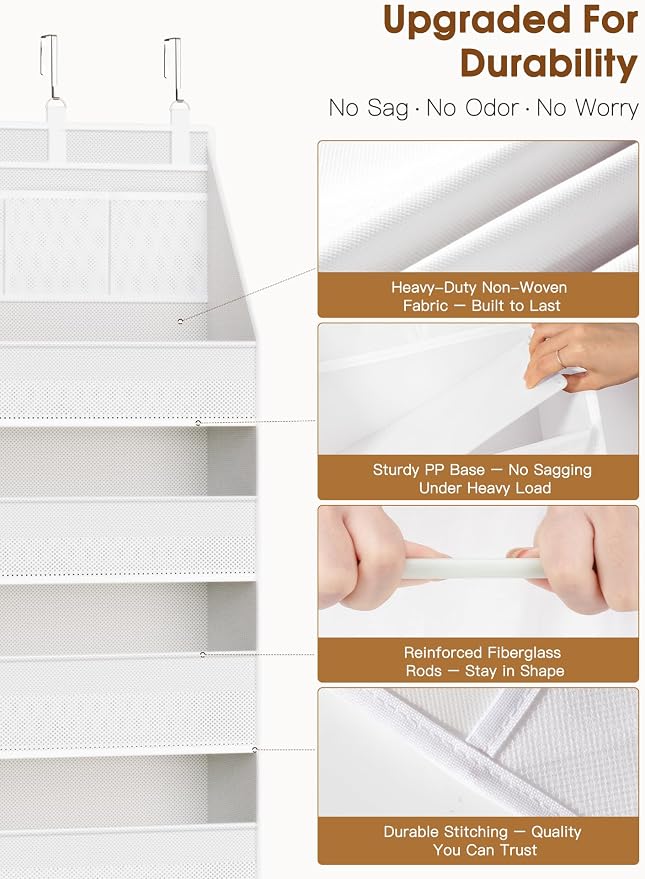 Over the Door Organizer, Heavy-Duty 6-Shelf Hanging Storage with 13 Mesh Pockets, 55lbs Capacity Behind the Door Storage for Nursery, Bathroom, Bedroom, and Dorm, White - Image 3