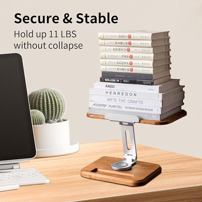 Book Stand for Reading, Mayhas Adjustable Book Holder with 360° Swivel Base&Page Clips, Foldable Desktop Stand for Cookbook, Fits All Books (Cherry Wood, Wood Base) - Image 5