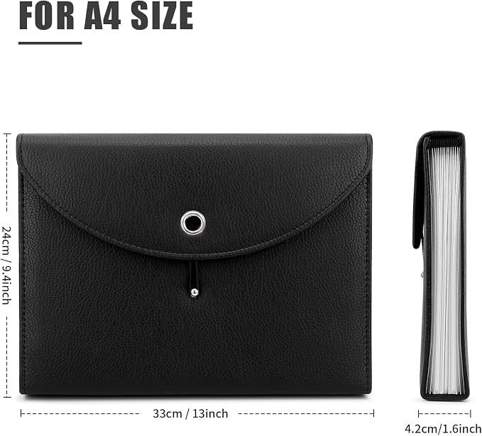 Oak-Pine Expandable Portable Accordion File Folder Document Wallet Briefcase PU Leather Business File Organizer Bag A4 and Letter Size 13 Pockets (Black) - Image 2