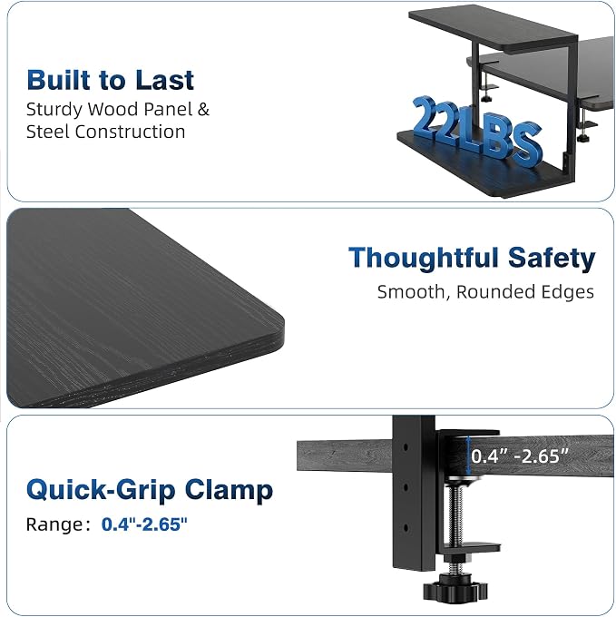 2-Tier Desk Extender, 22-inch Clamp-On Desk Shelf, Height-Adjustable Desktop Shelf Organizer for Monitors Office and Gaming Accessories, Arm Support Table Extension, Black - Image 5