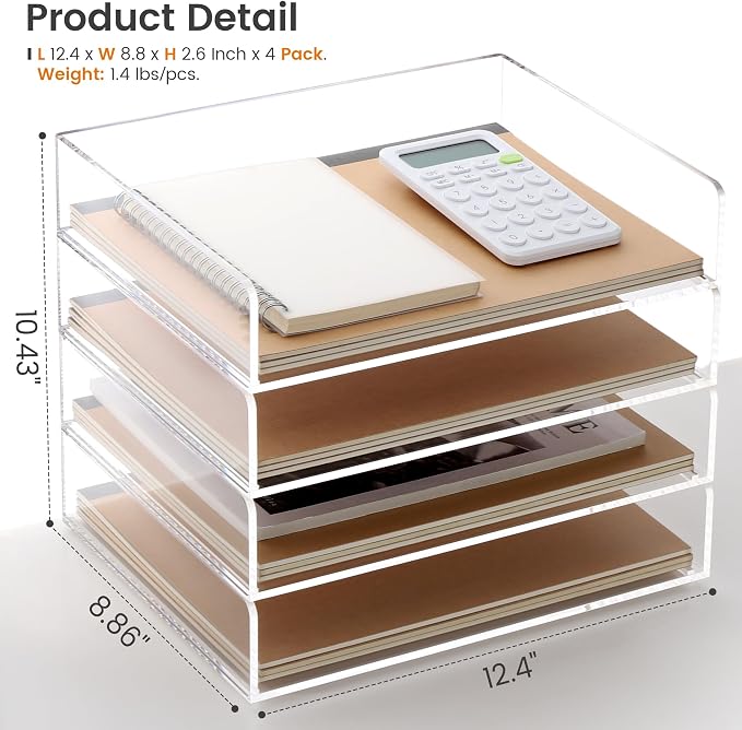 Acrylic Paper Tray, 4 Tier Paper Organizer for Desk, Clear Acrylic Desk Organizers, Stackable Letter Tray Workspace Organizer -Art Storage for School Classroom -4 Pack… - Image 5
