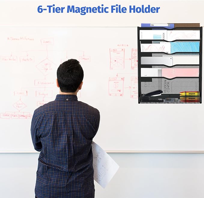 6-Tier Magnetic File Holder, Large Capacity File Cabinet Organizer, No-Drill Mount Hanging Magnetic Paper Holder for File Cabinets, Office, Whiteboard, Magnetic Mail Holder - Image 5