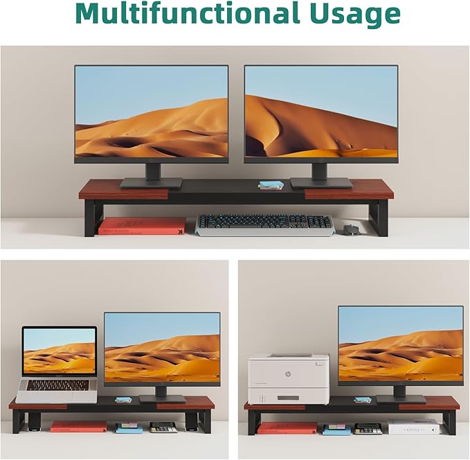 YAOHUOO Dual Monitor Stand Riser, 39Inch Large Monitor Stands for 2 Monitors, Computer Monitor Stand, Wooden Desktop Oraganizer Shelf for Office Desk Computer,Laptop,TV - Image 6