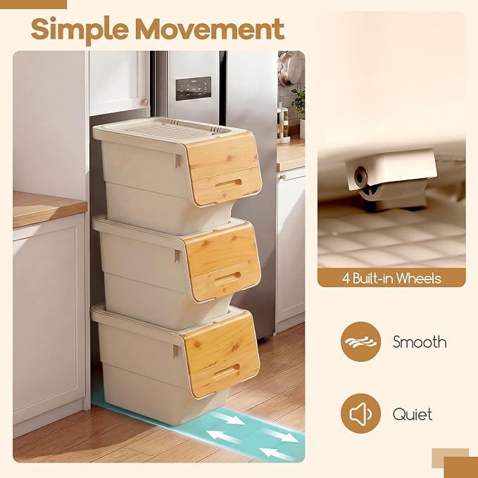 GIANTEX 6 Pack Plastic Stackable Storage Bins with Lids & Wheels, 35 QT | Open Front Stacking Bins, Organizer Bins for Pantry, Kitchen, Laundry, Closet, Playroom, Bedroom Organization - Image 4