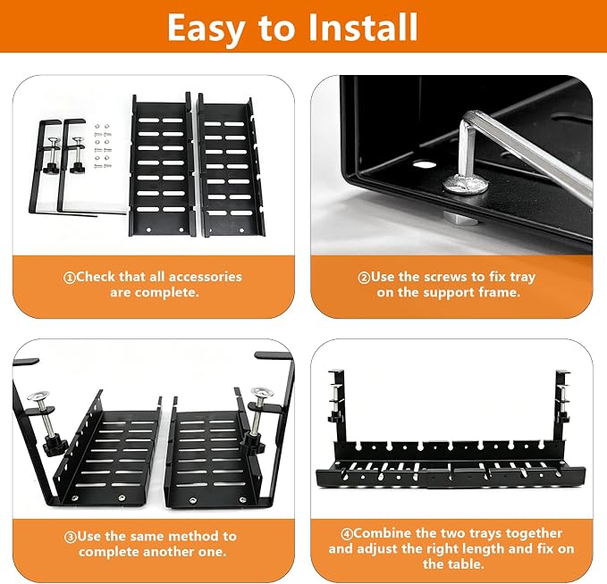 Under Desk Cable Tray, Clamp-On, 12-21.6in Expandable Metal Wire Organizer | drill-free quick installation, 22lbs load bearing, ventilated bottom, fits motorized standing desks, tidies messy wiring - Image 3
