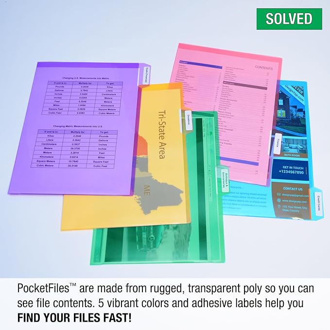 Ultimate Office Poly Color File Folders Letter Size, 5th-Cut Tabs Set of 50 | PocketFiles Heavy Duty Transparent Files, Sealed on 2 Sides to Secure and Protect Documents and are Tabbed for Easy Indexing - Image 3