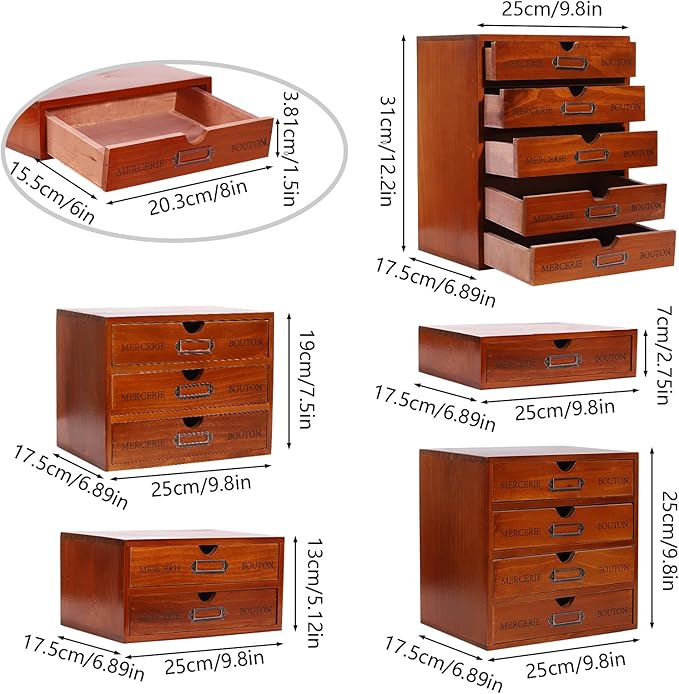 Wooden Desktop Organizer, 5PCS Retro Storage Cabinet Box with Drawers, Mini Tabletop Craft Box Cosmetic Storage Drawer, Portable Desk Letter Mail Sorter for Office Home (Brown) - Image 2