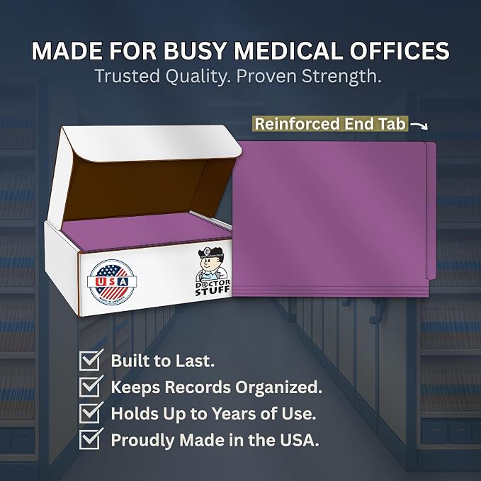Purple File Folders, Doctor Stuff, Letter Size Reinforced End Tab Folder with 2" Bonded Fastener on Inside Back, 14 pt Stock, Box of 50 - Image 9