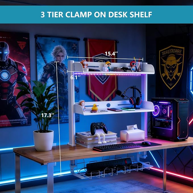 Clamp on Desk Shelf,3 Tier Desktop Organizer,Adjustable Clamp on Desk Top Organizer with Under Desk Hidden Storage Basket&Hooks,No Drilling Desk Clamp Storage Shelves for Working Gaming Accessories - Image 2