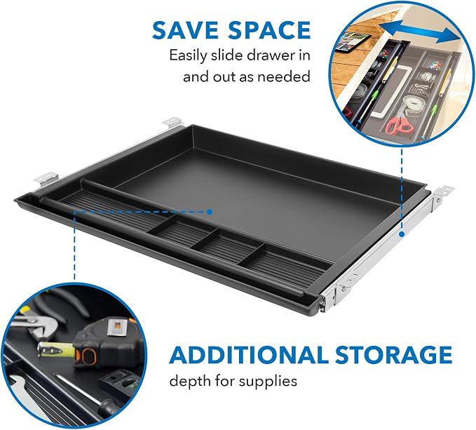 MOUNT-IT! Large Under Desk Pencil Drawer 16 inch Deep | 21.25” W, Ball Bearing Slide-Out Organizer for Office Supplies, Paper & Pencils | Fits Desks Over 1” Thick, Adjustable Extension 16.25”–28” - Image 6