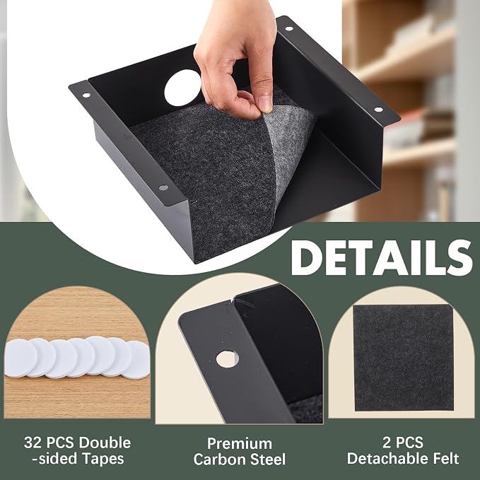 Yaocom 2 Pack Under Desk Hanging Shelf, Carbon Steel Storage Tray with Mute Felt Sheets, Mount Shelves Organizer for Office Home Workstation Gaming Desk Stand up(7.5x8x2.8 in/Storage Shelf,Black) - Image 3