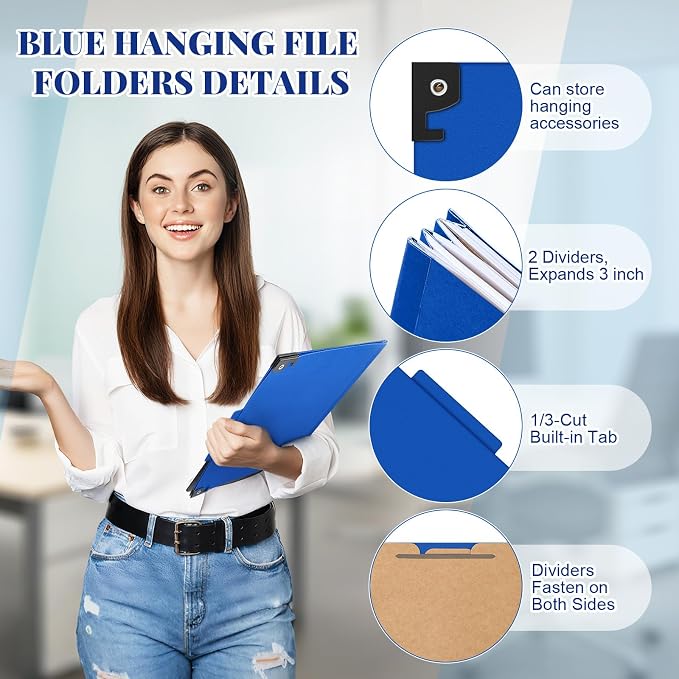 Henoyso 15 Pcs Hanging Classification Folders Bulk with 2 Prongs, 2 Divider Letter Size, 2 Inch Expansions Pressboard File Folder, 1/3-cut Tab File Organizer for Medical Law Client Files (Dark Blue) - Image 3