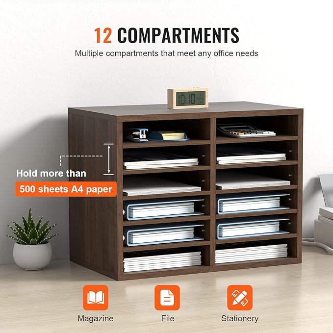 VEVOR Literature Organizers, 12 Compartments Office Mailbox with Adjustable Shelves, Wood Literature Sorter 20.4x12x16.1 inches for Office, Home, Classroom, Mailrooms Organization, EPA Certified Brown - Image 4