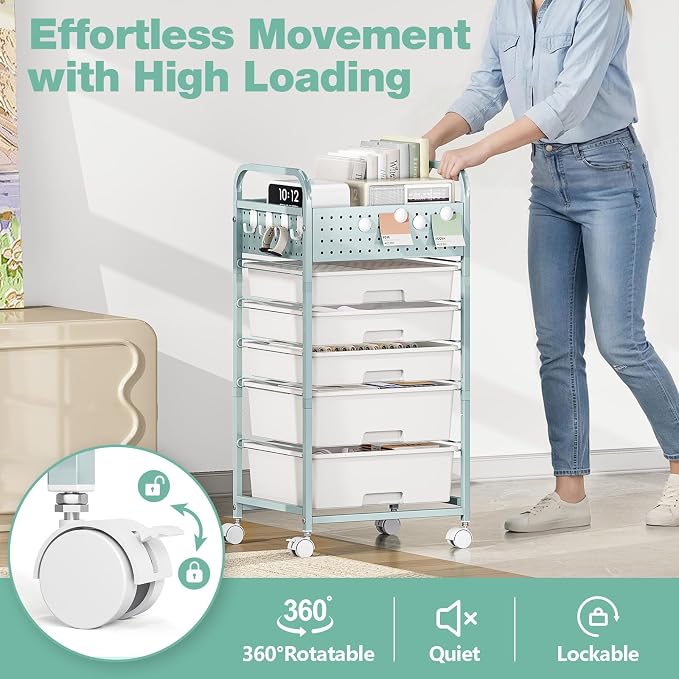 5 Drawer Rolling Storage Cart with Pegboard Top and Hooks, Green | Mobile Utility Organizer with Wheels for Office Supplies, Craft Storage, Classroom Organization, Home Storage Cart - Image 5