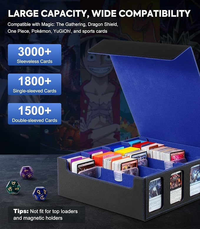 MoKo Card Storage Box for Trading Cards, 3000+ Card Capacity, Black Blue | MTG Deck Box, w/ 24 Colorful Dividers & 4 Card Supporters & Display Window, Deck Case Fits for TCG, PTG and Sport Cards - Image 3
