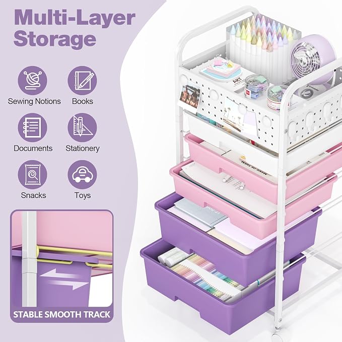 5 Drawer Rolling Storage Cart with Pegboard Top and Hooks, Dreamy Color | Mobile Organizer Cart with Wheels for Office Supplies, Craft Storage, Classroom Organization, Home Utility Cart - Image 3