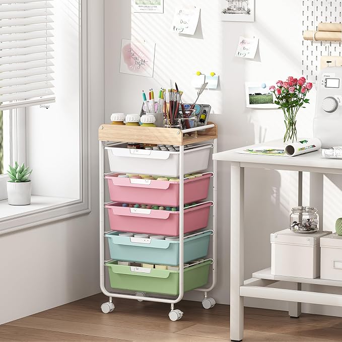 Utility Cart with 5 Drawers, Art Cart for Teacher Kid, Colorful | Rolling Storage Cart for Crafters Artists Student Storage Arts Crafts & Study Supplies in Craft Room Dorm Classroom Kids Room - Image 8
