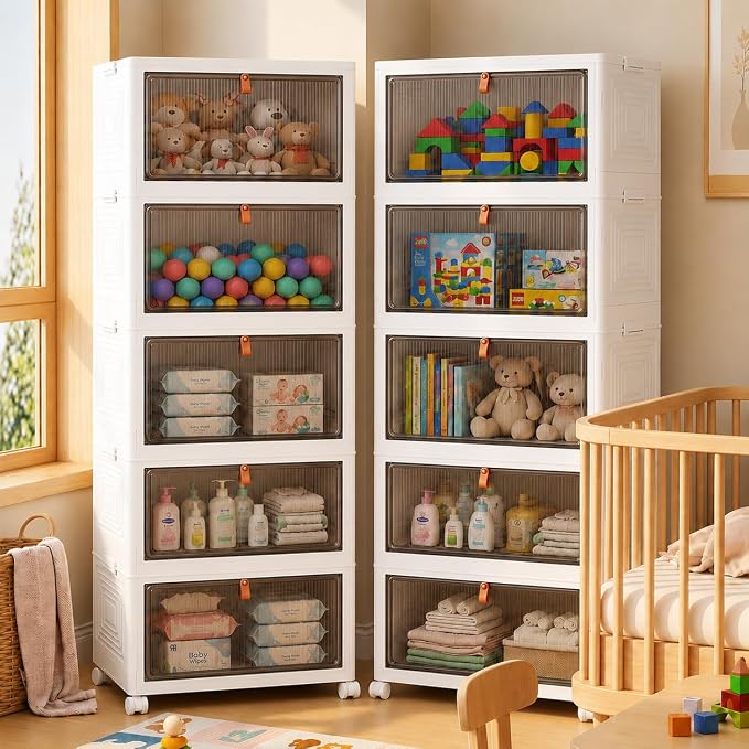 LDQ 170 Qt Large Storage Bins with Lids, 5 Tier Stackable Storage Cabinet with Wheels & Clear Doors, Foldable Plastic Closet Organizer for Bedroom, Bathroom & Kitchen - Image 9
