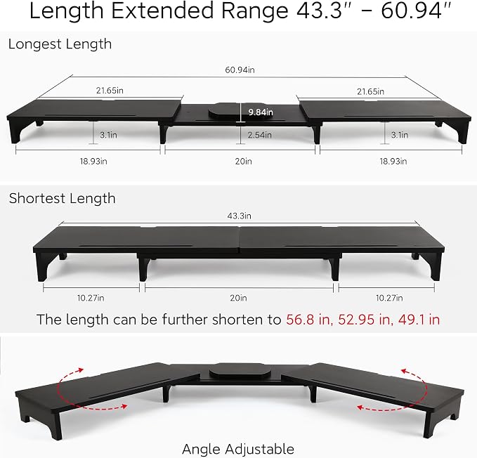 Nnewvante Monitor Stand Riser, 60 inch Bamboo Triple Monitor Stand for Desk | Black, Adjustable Length Angle, 3 Shelves Desktop Screen Riser, For Computer Laptop PC - Image 3