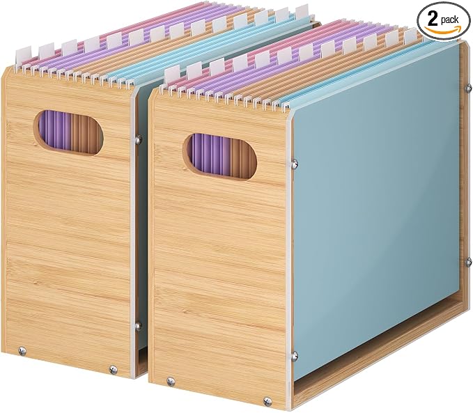 Sbanmao Acrylic Wall File Organizer, Hanging File Folder Organizer with Handle, Bamboo File Box File Crate Storage Box, Portable Filing Organizer for Home Office Classroom (Letter Size, 2 Pack) by shengbaomaoyi