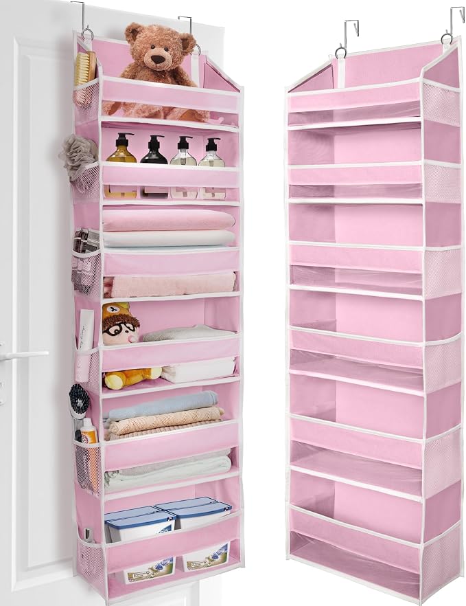 ULG Over The Door Organizer with 6 Large Pockets 12 Side Pockets, 50lbs Weight Capacity Door Hanging Storage Organizer for Bedroom, Bathroom, Pantry, Nursery Storage, Pink by ULG