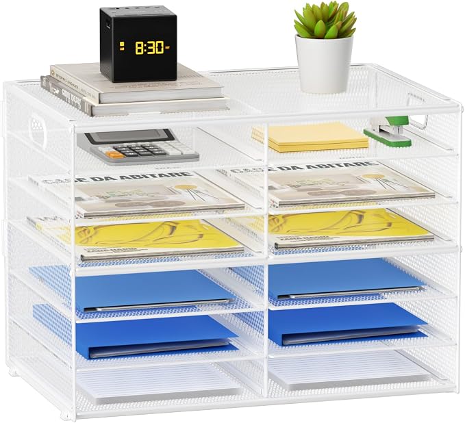 Lavatino 12 Compartments Paper Organizer for Desk, Mesh Literature Organizer, Mail File Sorter Tray with Handle, Desktop Mailbox for Office Classroom Home - White by Lavatino
