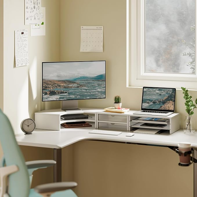 Fenge Dual Monitor Stand with Storage, Corner Desk Shelf for Top of Desk | Wooden Monitor Riser with Drawer and Slide-Out Tray, 2 Tier Storage, for Home Office, Computer, Laptop, Printer - Image 2