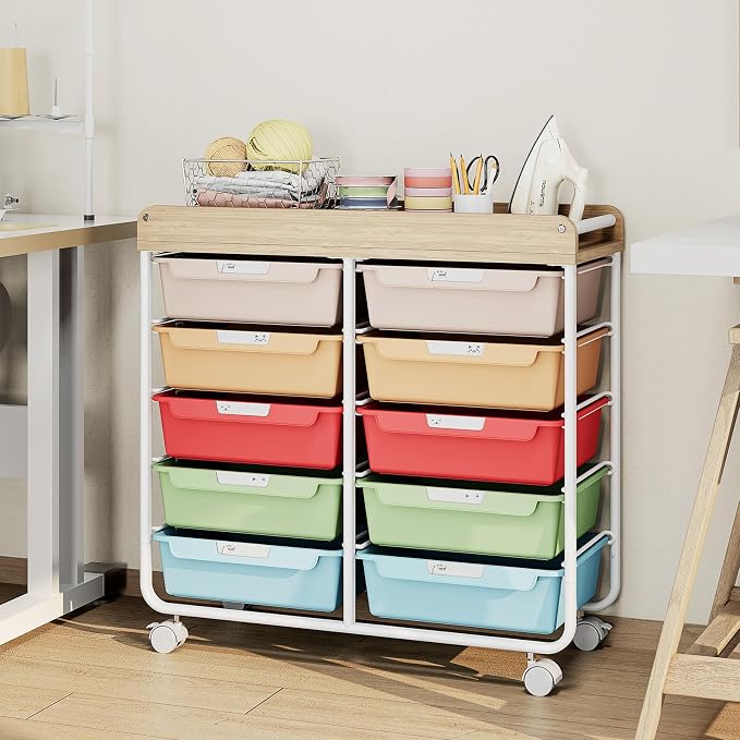 10 Drawer Rolling Storage Cart with Wood Top for Classroom Crafts Colorful | Easy Setup, Large Capacity, Sturdy Build, Lockable Mobility, For office, classroom and home supplies - Image 9