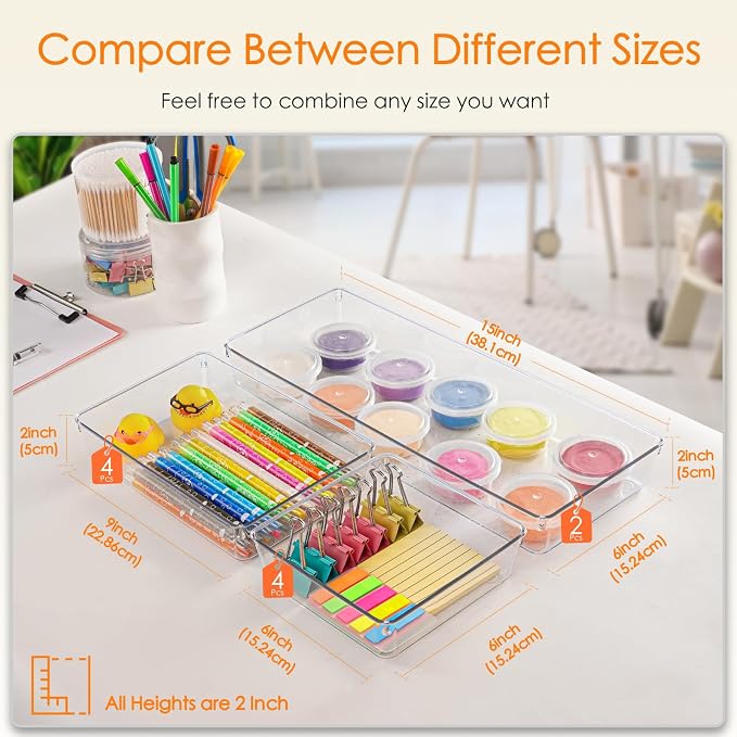 Drawer Organizer, 10 Pack Large Clear Plastic Set, 3 Size Versatile Bathroom and Vanity Organizer Trays, Storage Bins for Makeup, Bedroom, Kitchen Utensils - Image 3