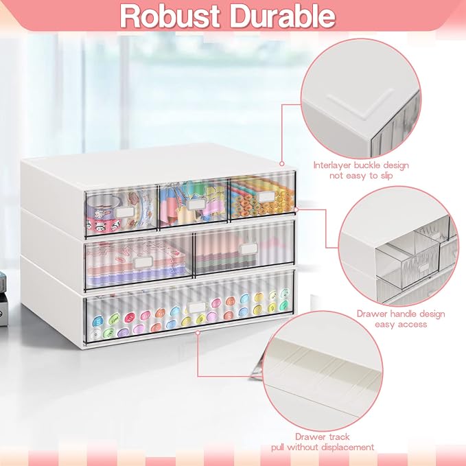 Stackable Desk Organizer with 6 Drawers, 3 Tier Plastic Desk Storage Box Desktop Drawers, Detachable Makeup Storage Office Stationery Supplies Organizer for Desk Office School Home - Image 4