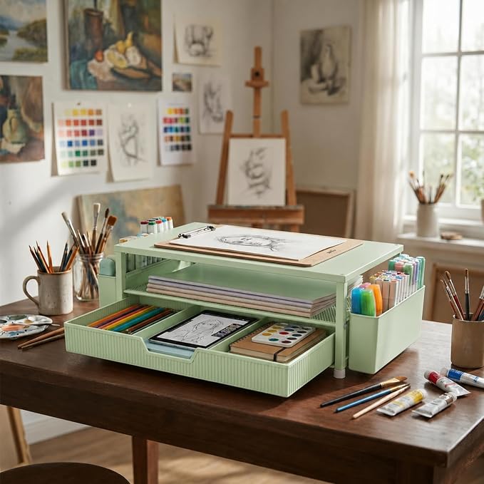 ECOLOVI Desk Organizer and Accessories, 2-Tier Computer Monitor Stand Rise with Storage Drawer & 2 Pen Holders, Laptop & Printer Stand for Desktop, Workspace Organizers for Office Supplies (Green) - Image 8