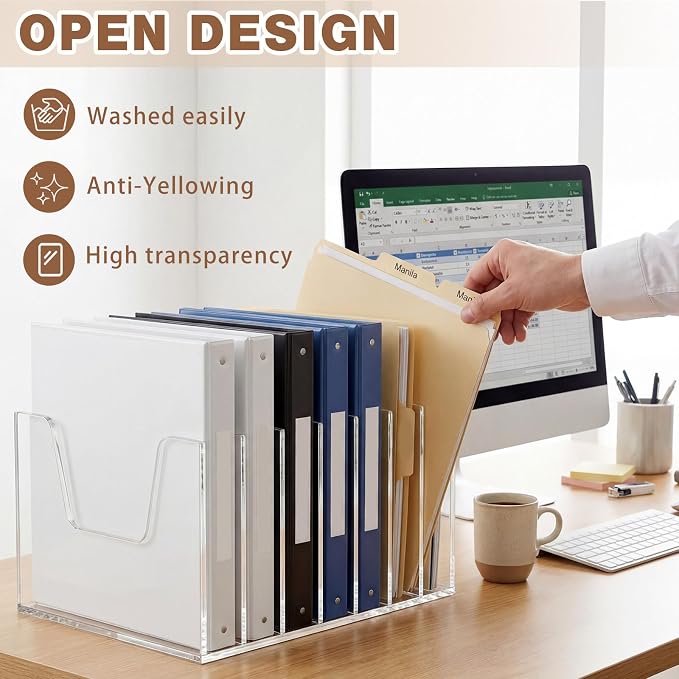 7 Section Clear Acrylic Desktop File Organizer Vertical File Sorter 4mm Thick, Large Capacity Upright Magazine Organizer, Book Paper, Notebooks, Envelopes, Mail Holder - Image 3