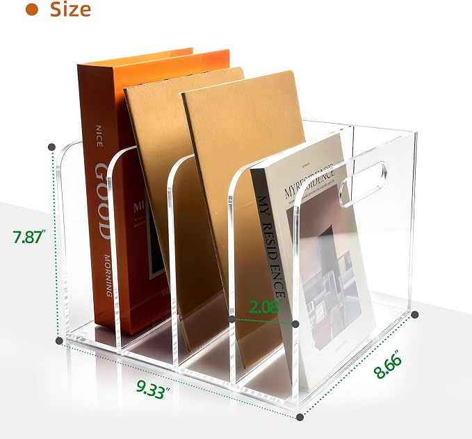 5mm Acrylic Magazine File Holder, 4 Compartment Desk Organizer | 4 spacious vertical compartments hold magazines, files, books & more. 5mm thick clear acrylic, non-slip base. No assembly. - Image 2