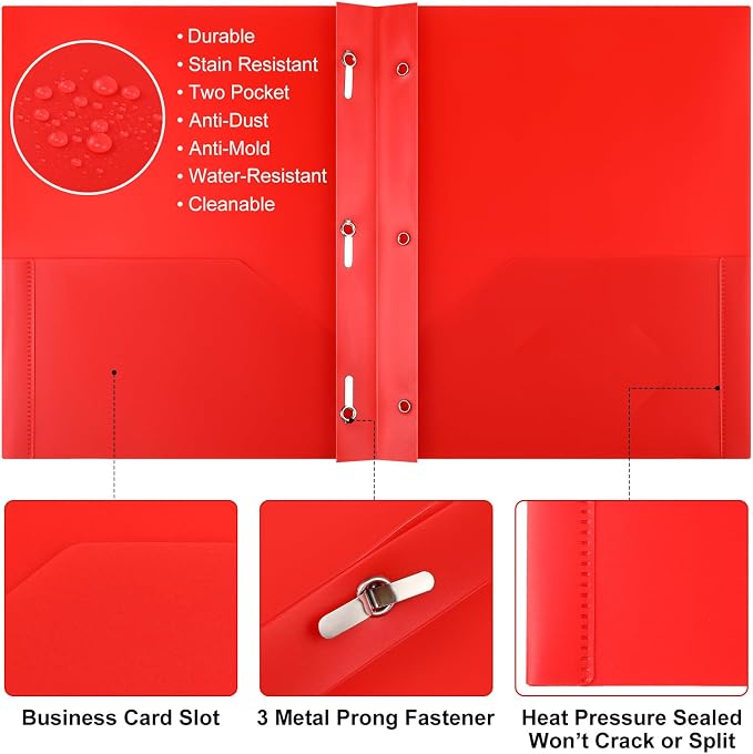 Cholemy 72 Packs Pocket Folders with Prongs Heavy Duty Plastic Folder with Business Card Slot 3 Prong Fasteners for School Office (Cute) - Image 3