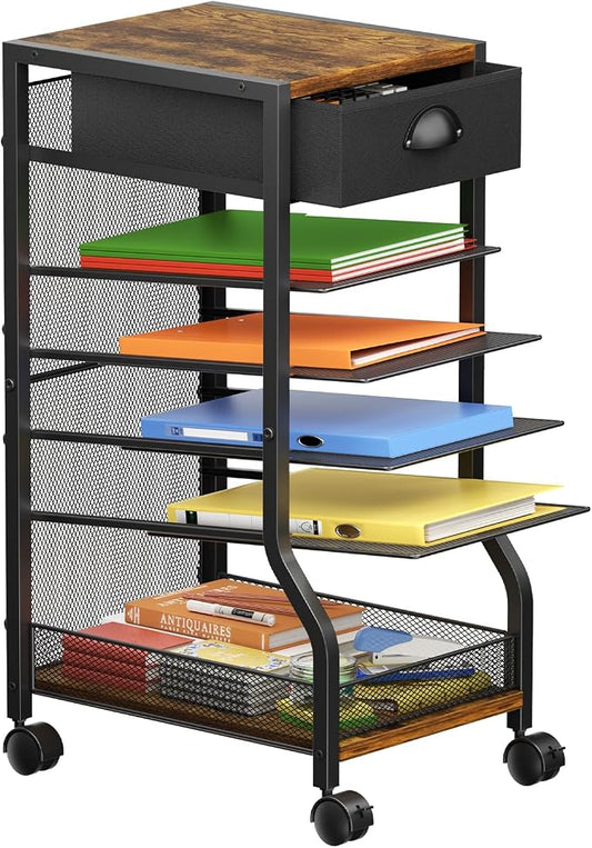keomaisyto 6-Tier Rolling File Cart with Drawer, Under Desk Storage with Paper Letter Sliding Trays, Standing File Organizer with Wheels, Slim Workspace Organizers for Office/Home/School/Study by keomaisyto
